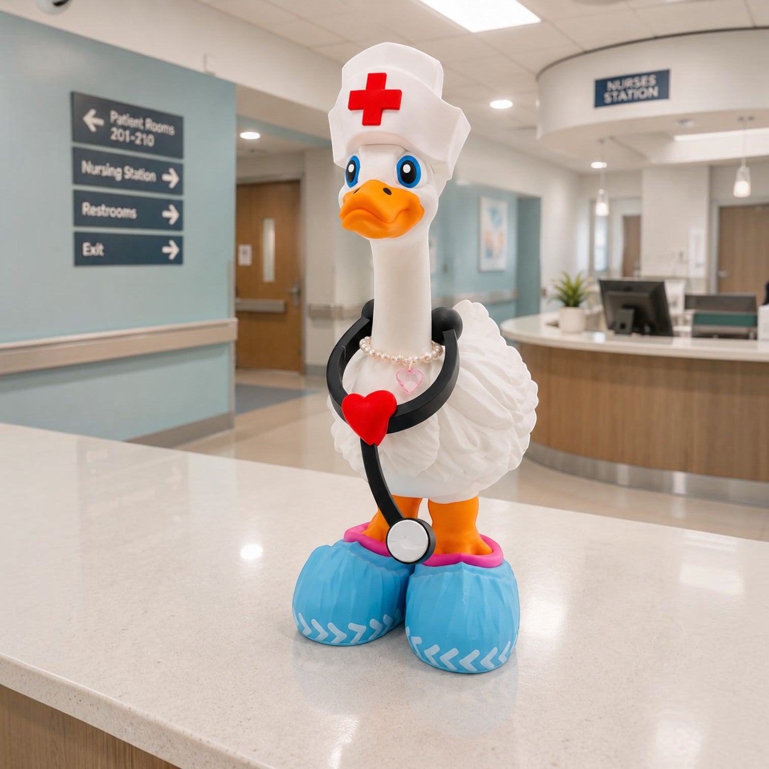 Prints & Giggles 3D nurse outfit for goose featuring a white hat with red cross, stethoscope, and blue shoe covers.