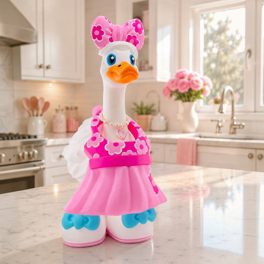 Prints & Giggles 3D pink floral goose outfit featuring a large flower bow, dress, and matching shoes on a goose figure