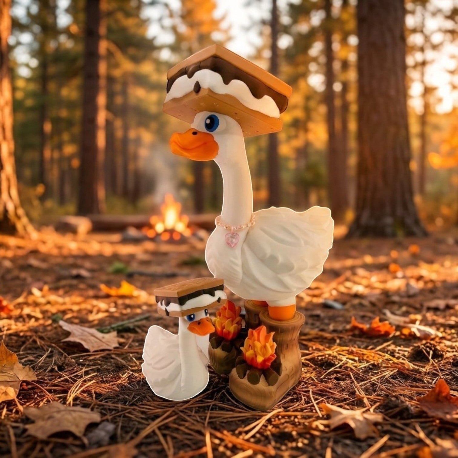 Prints & Giggles 3D goose family figurine set wearing s'mores hats and log boots in a campfire forest setting.