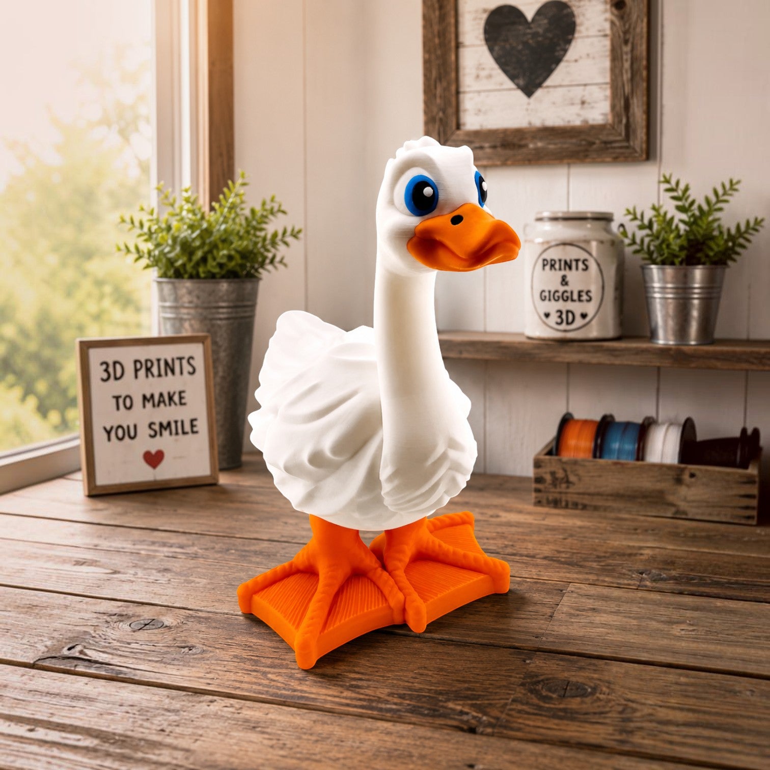 Prints & Giggles 3D white starter goose figurine with orange webbed feet on a wooden table