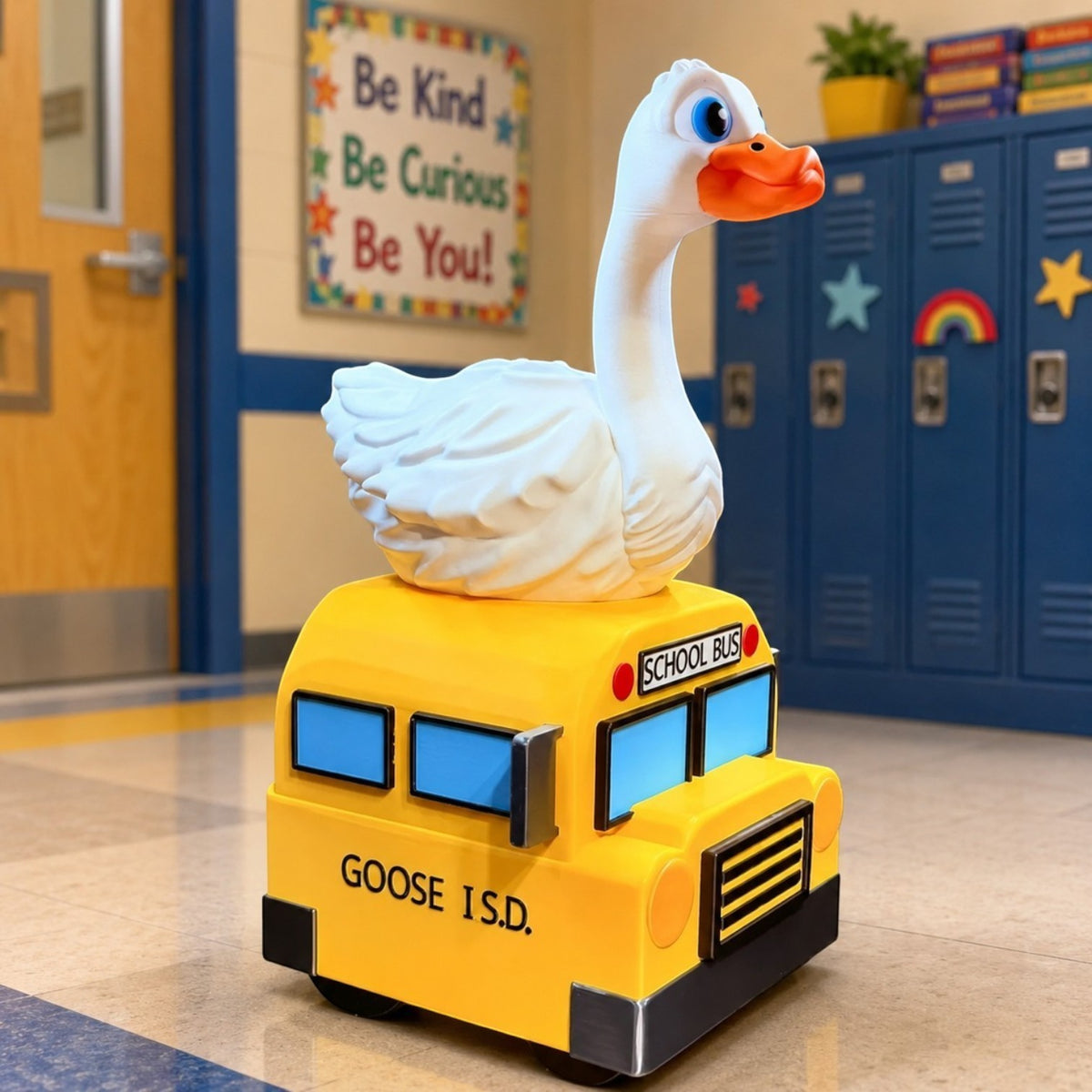 Prints & Giggles 3D yellow school bus display accessory for a dress-up goose, featuring school bus and goose details.