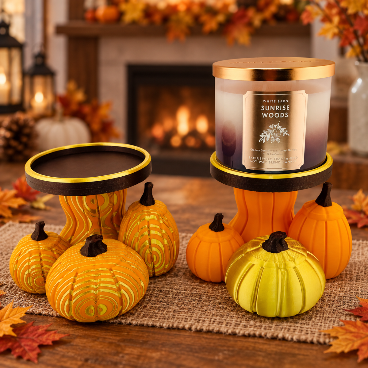 Two styles of 3D printed pumpkin jar candle holders in an autumn room