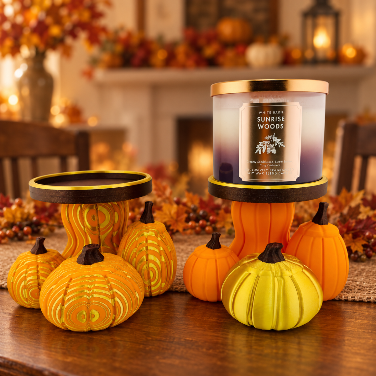 Pumpkin jar candle holder color choices in a warm fall setting