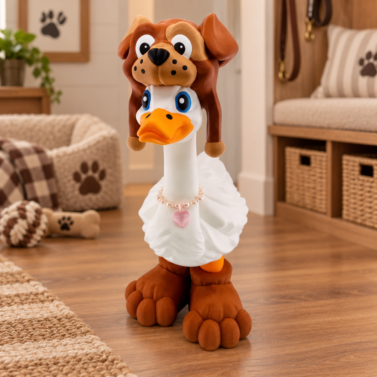 Puppy Goose Outfit with brown dog hat and oversized paw boots, front view