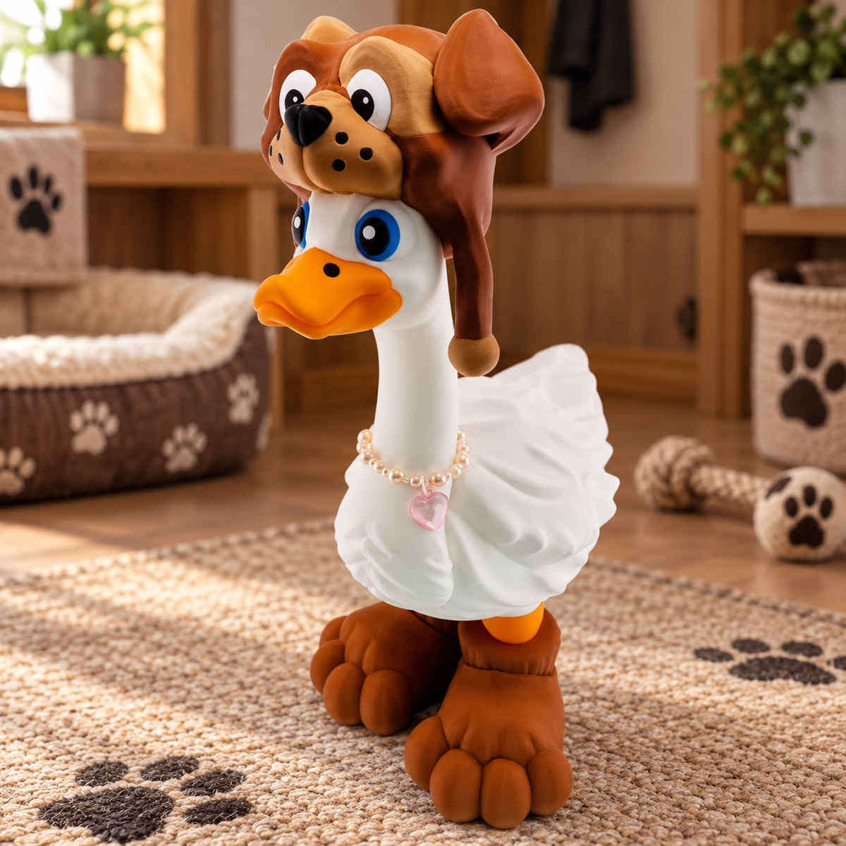 Puppy Goose Outfit with dog hat and paw boots, left three-quarter view