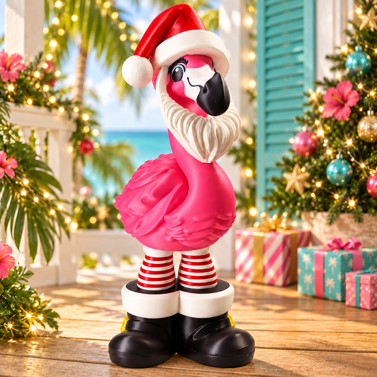 Santa Flamingo in a themed setting