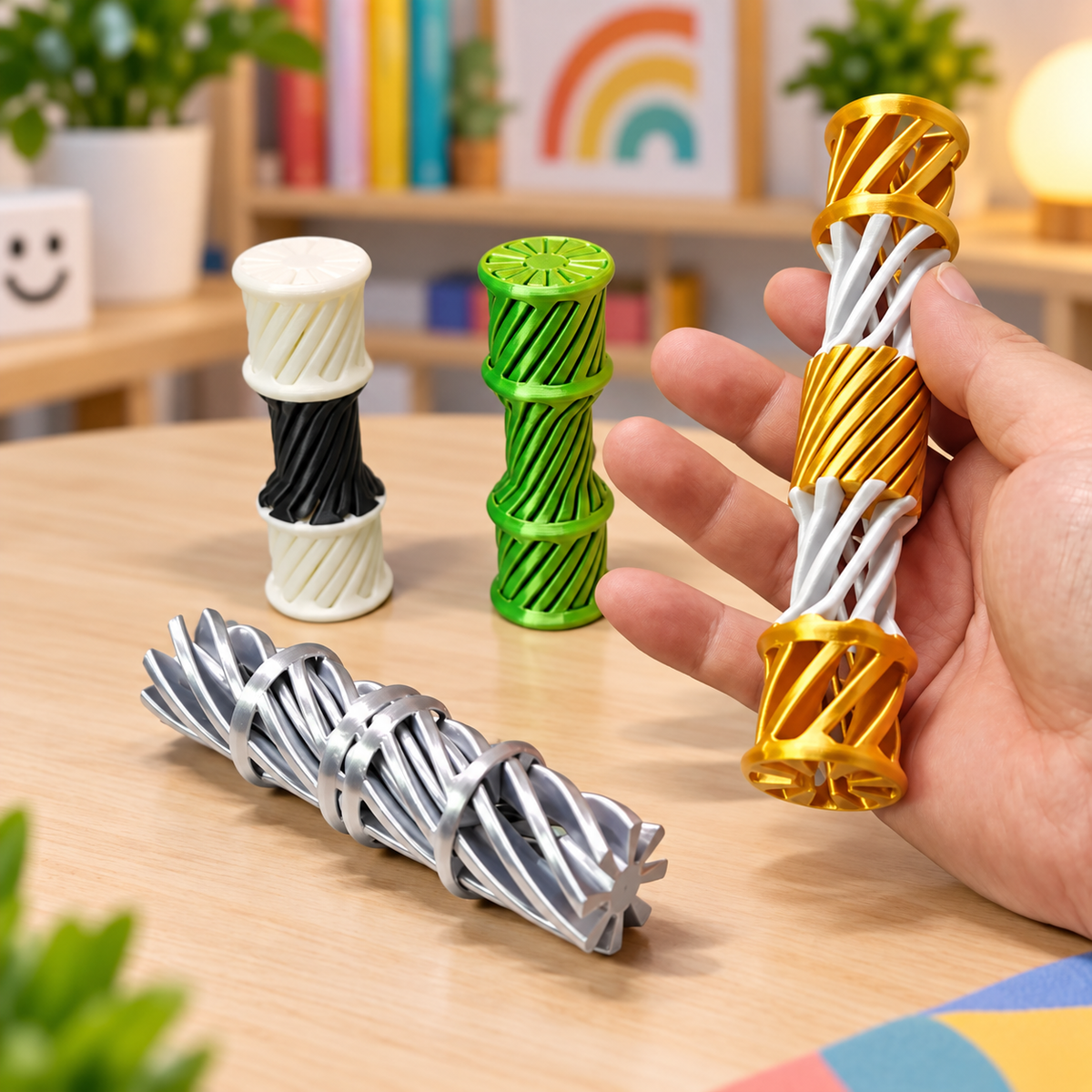 Colorful 3D printed Spiral Helix Fidget Sticks in several colors on an indoor desk