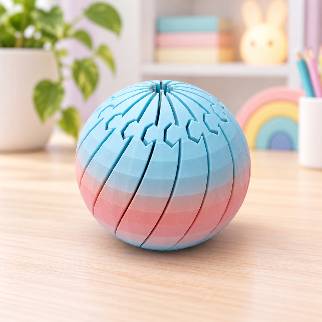 Blue and pink 3D printed Twisty Fidget Ball on a colorful indoor desk