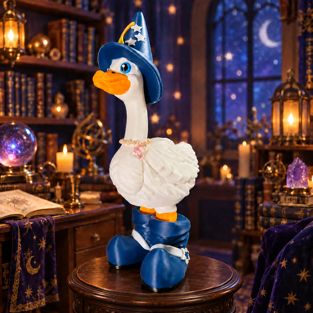 Wizard Goose Outfit with moon and stars hat and matching boots on a magical indoor display